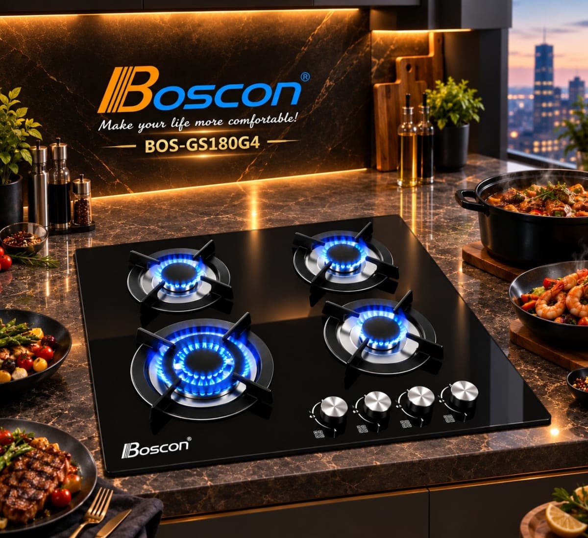 Boscon BOS-GS180G4 4-Burner Inbuilt Gas Cooker
